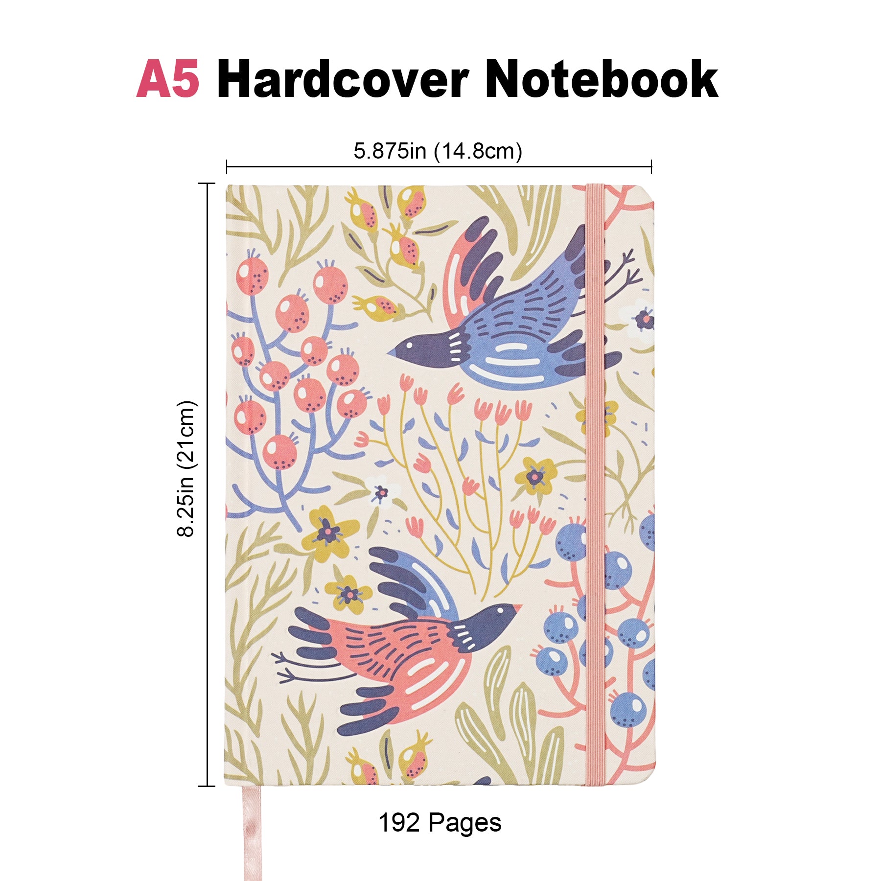 Jubiluu Carnet ligné A5 à couverture rigide en tissu floral, 96 feuilles papier offset 100 g, marque-page et bande élastique, journal ligné crème classique pour écriture, école