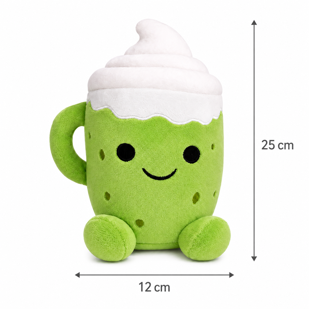 Flooffees Mug en peluche vert de Londres – Jouet kawaii mignon avec nappage à la crème fouettée, 25 cm, compagnon de bureau câlin, décoration de chambre et cadeau pour enfants