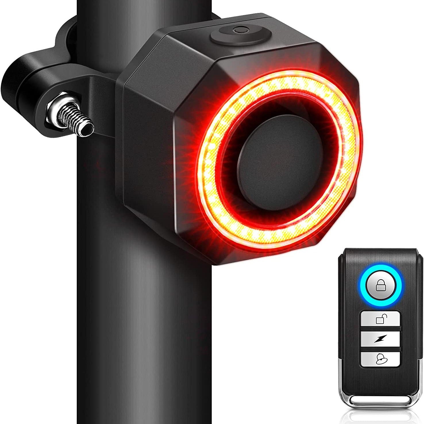 Feu arrière de frein de vélo à capteur intelligent avec alarme antivol, télécommande, rechargeable USB-C, étanche IP65, feu de sécurité arrière de vélo