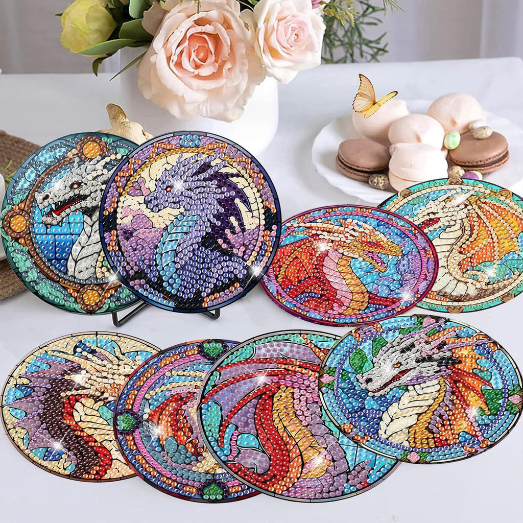 Ju7cer Ensemble de 8 sous-verres de peinture diamant avec support - Dragon arbre de la vie DIY | Débutant adulte artisanat de perçage rond complet 4×4 pouces (10×10 cm)