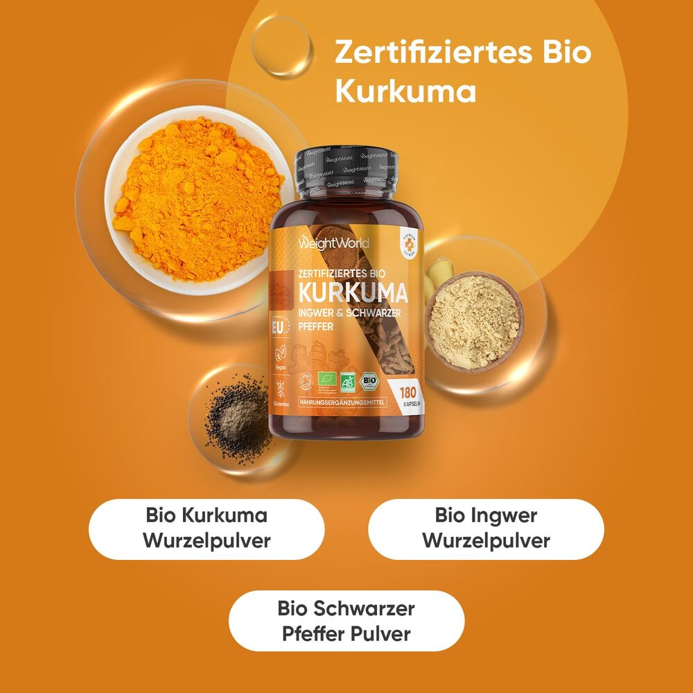 WeightWorld Curcuma biologique avec poivre noir et gingembre 1520 mg 180 gélules