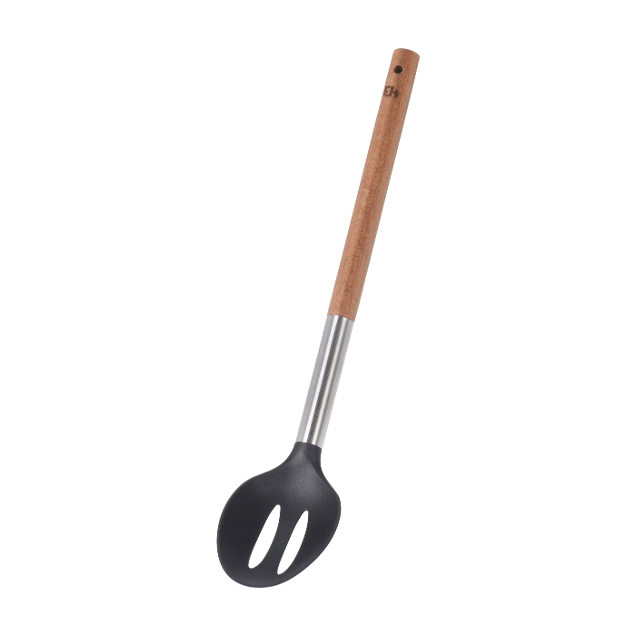 Cuillère de cuisine noire à fentes - Manche en bois d'acajou - 34 cm