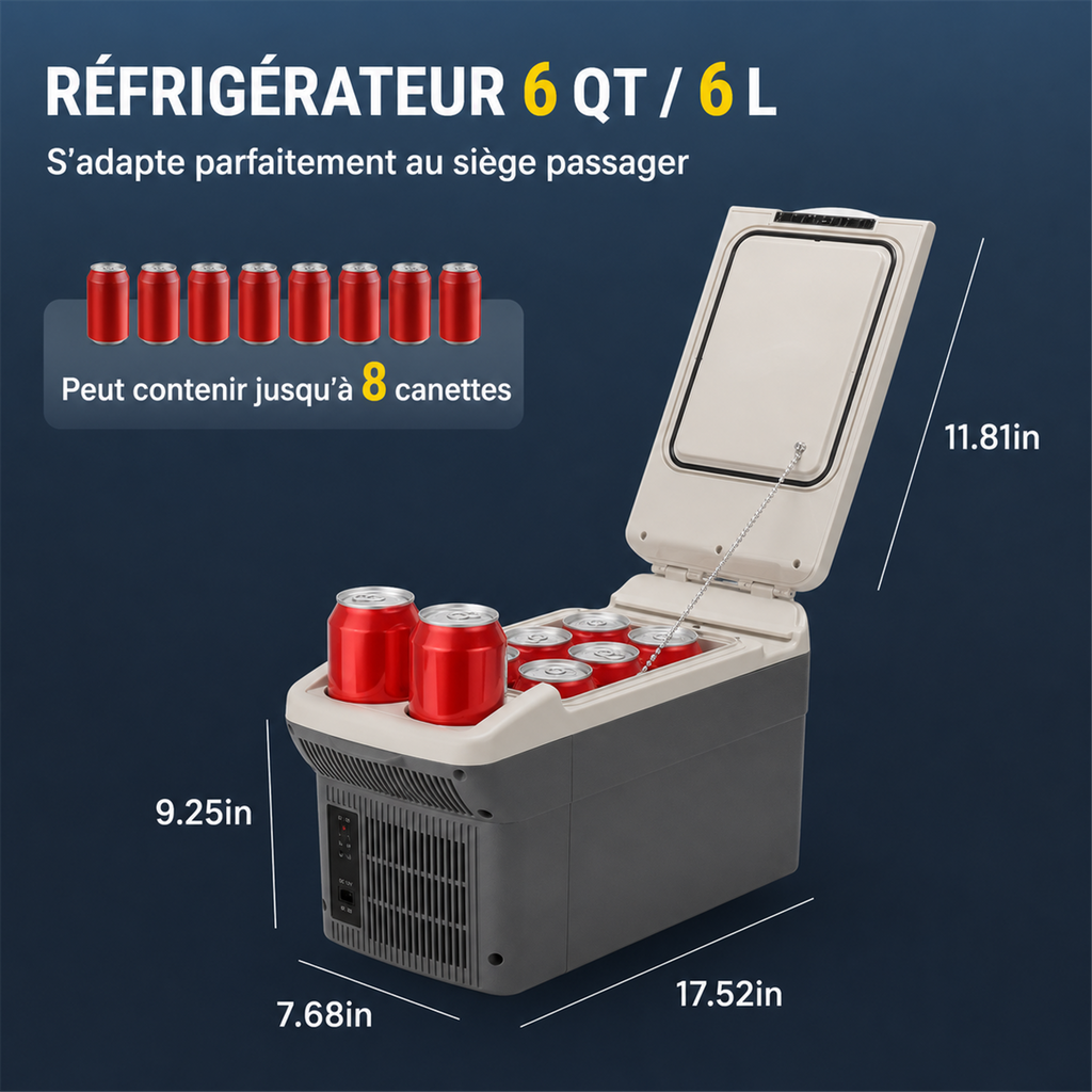 ICEROVER PN-06 Mini réfrigérateur portable 6 L AC/DC, réfrigérateur et chauffeur, pour voiture et maison, gris, réfrigérateur électrique compact avec sangle de transport
