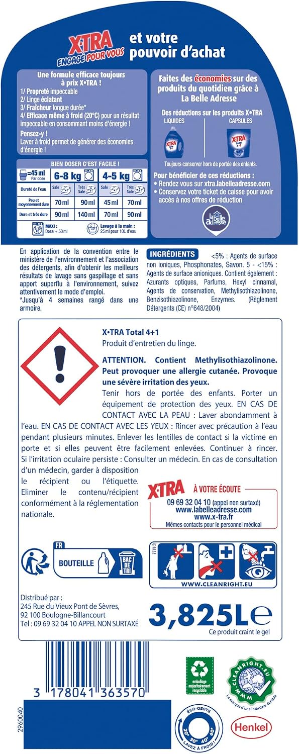 X-TRA Total Lessive Liquide 4-en-1, 85 lavages, 3,8 L