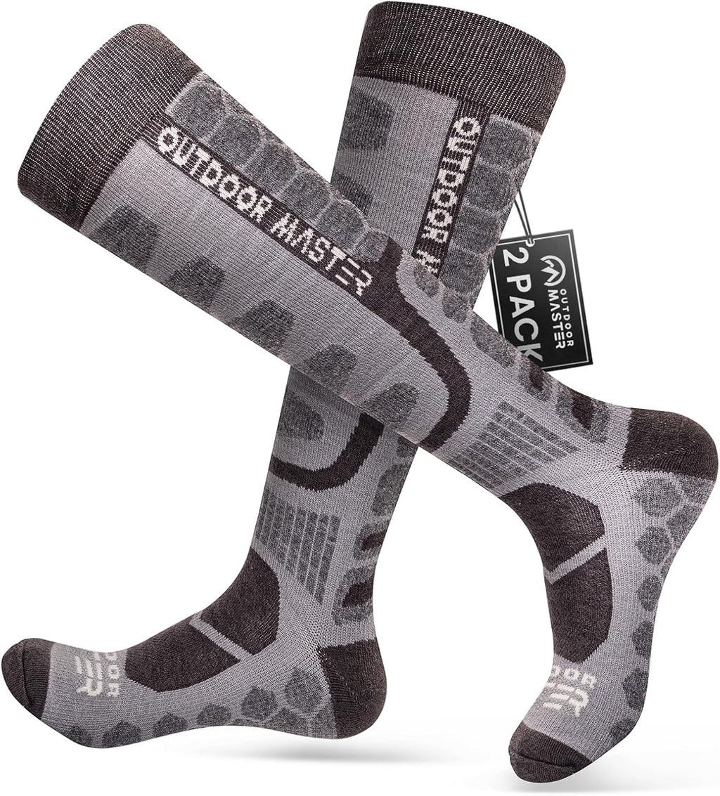 OutdoorMaster Lot de 2 paires de chaussettes de ski en laine mérinos à compression gris foncé - Taille M