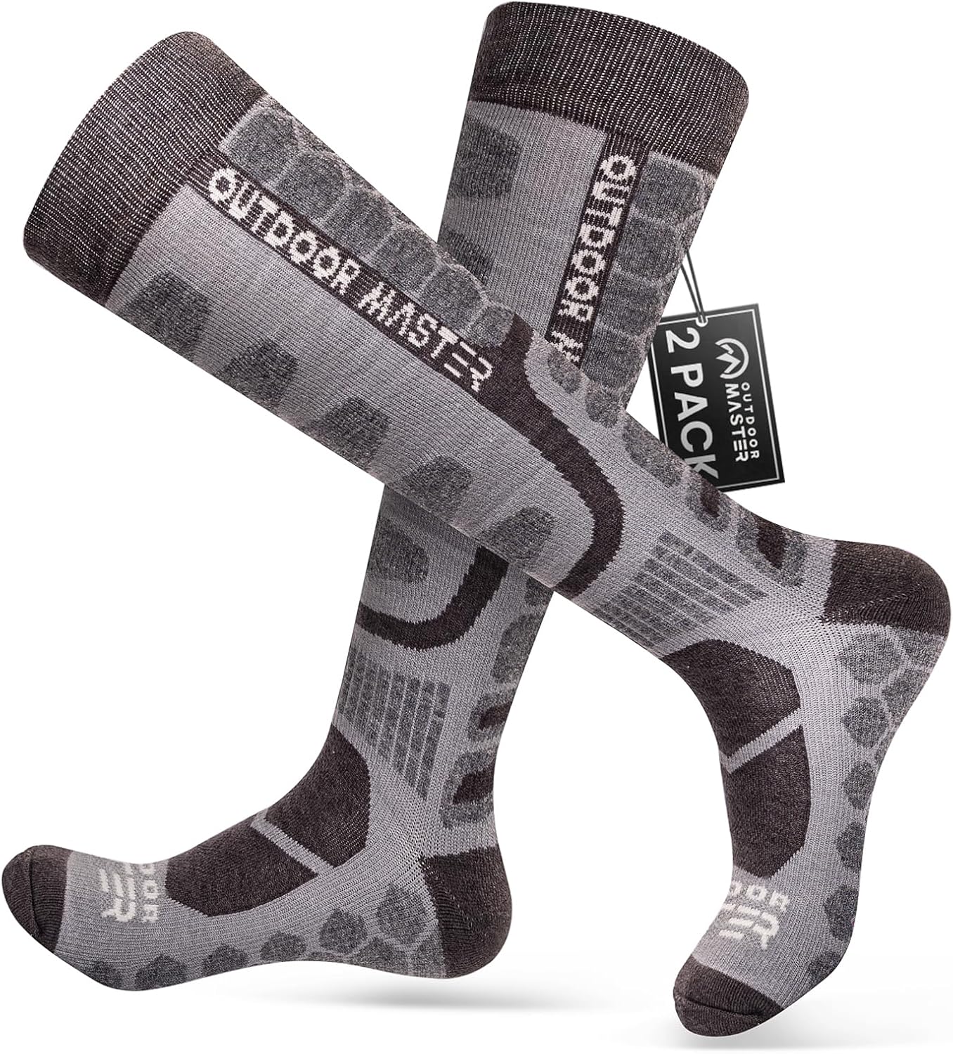 OutdoorMaster Lot de 2 paires de chaussettes de ski en laine mérinos à compression gris foncé - Taille M