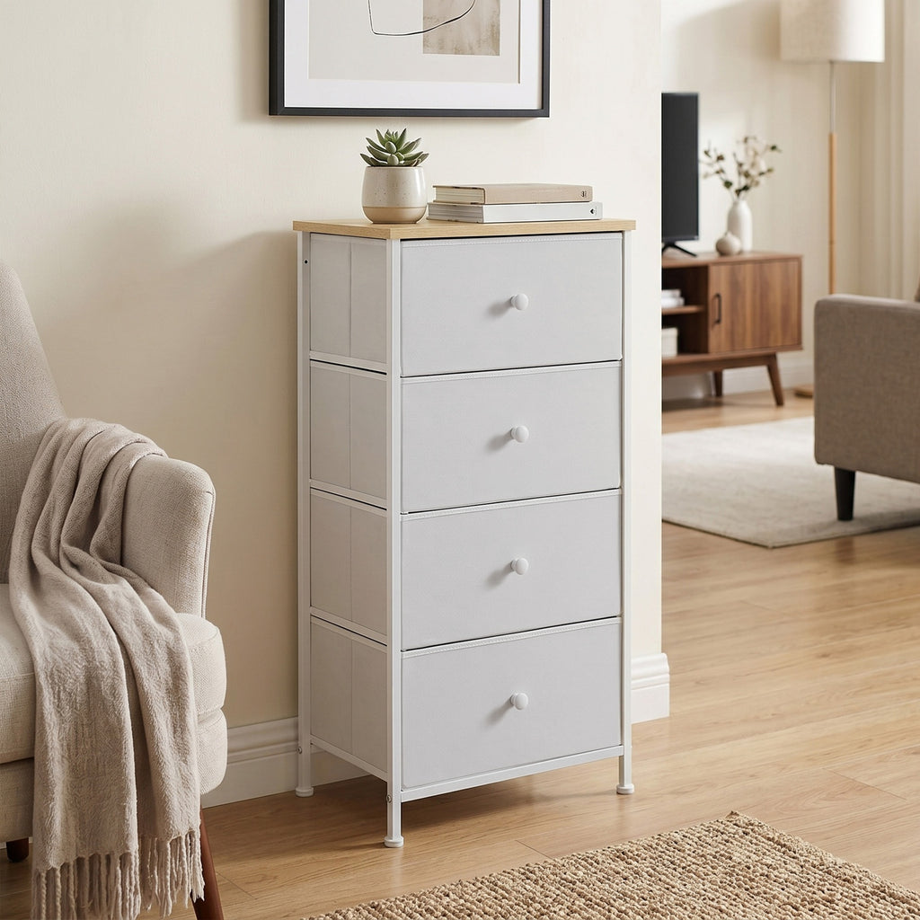 JOYFURNOS Commode en tissu pour chambre, avec 4 tiroirs, cadre en métal, blanc