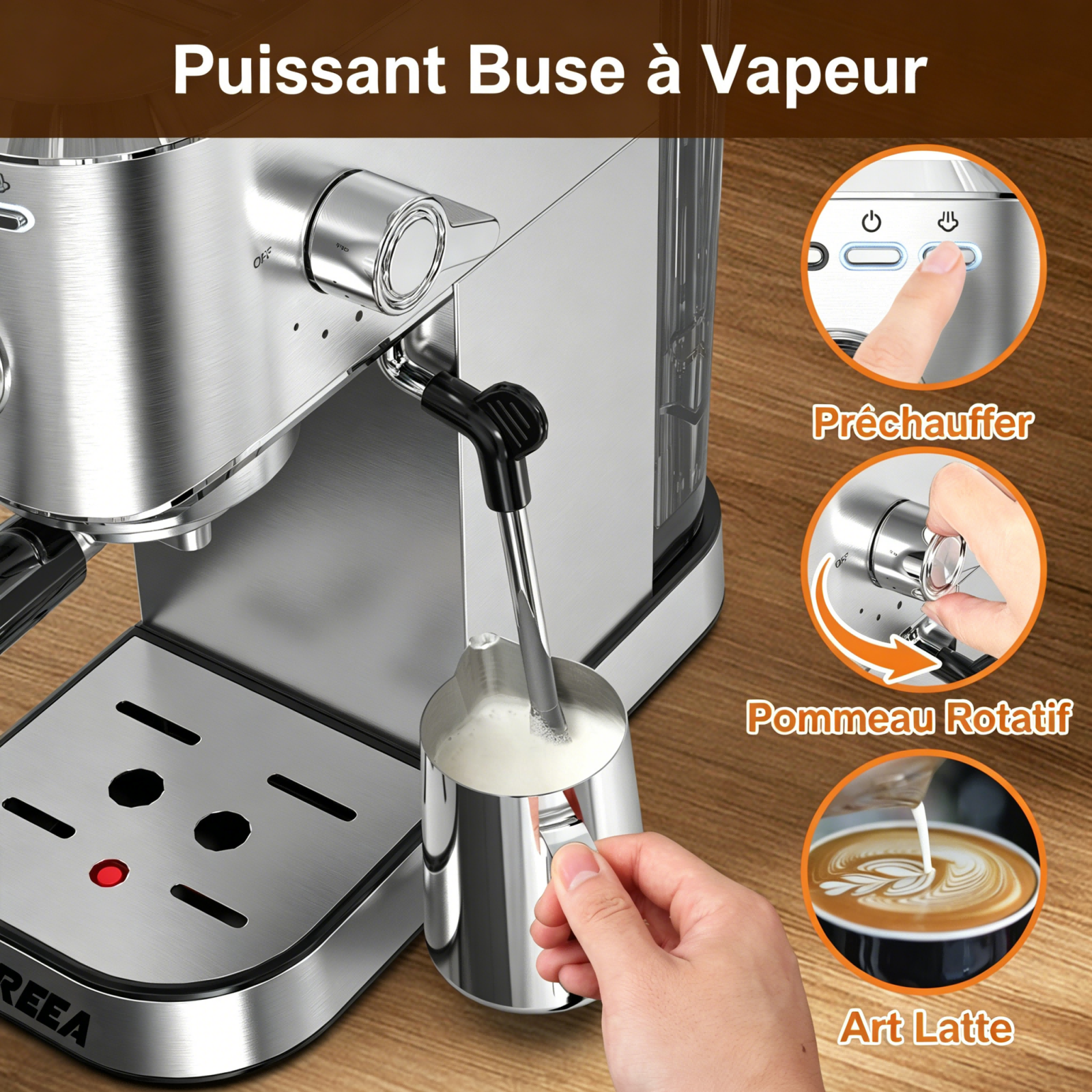 IAGREEA Machine à expresso professionnelle 20 bars avec manomètre, buse vapeur et plateau chauffe-tasses, machine à café à simple/double dose, réservoir d'eau amovible de 1,1 L