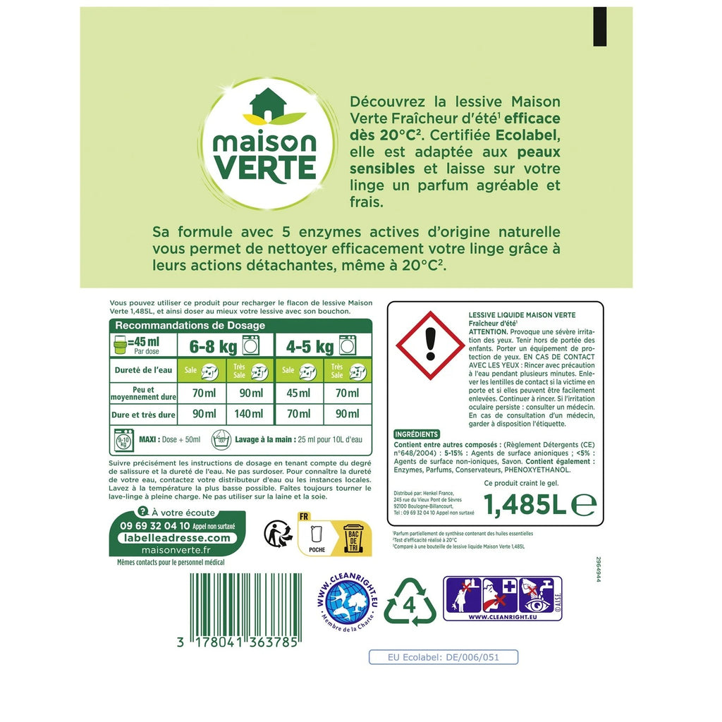 MAISON VERTE Lessive liquide recharge peaux sensibles détachante 33 lavages 1,485 L