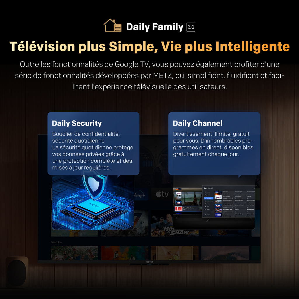 METZ 65MUF7000Z TV 65 pouces 165 cm Google TV avec protection des yeux, 4K UHD, Dolby Vision & Atmos, HDR10, fonction localisation de la télécommande, triple tuner, CI+ classe énergétique F