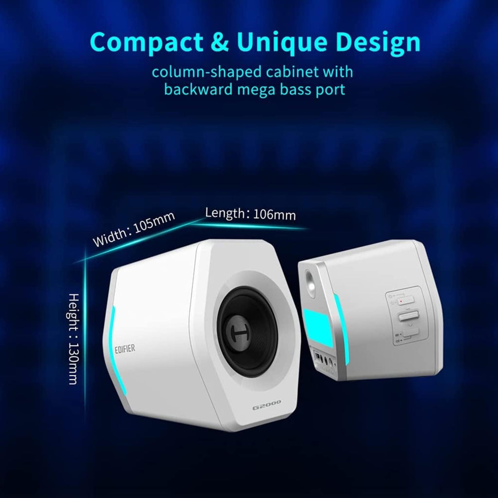 Enceintes Gaming PC Edifier G2000 32W pour Ordinateur Portable, Mac et Bureau – Haut-Parleurs avec Caisson de Basses, Bluetooth, USB, Entrées AUX 3.5mm, Éclairage RGB – Blanc