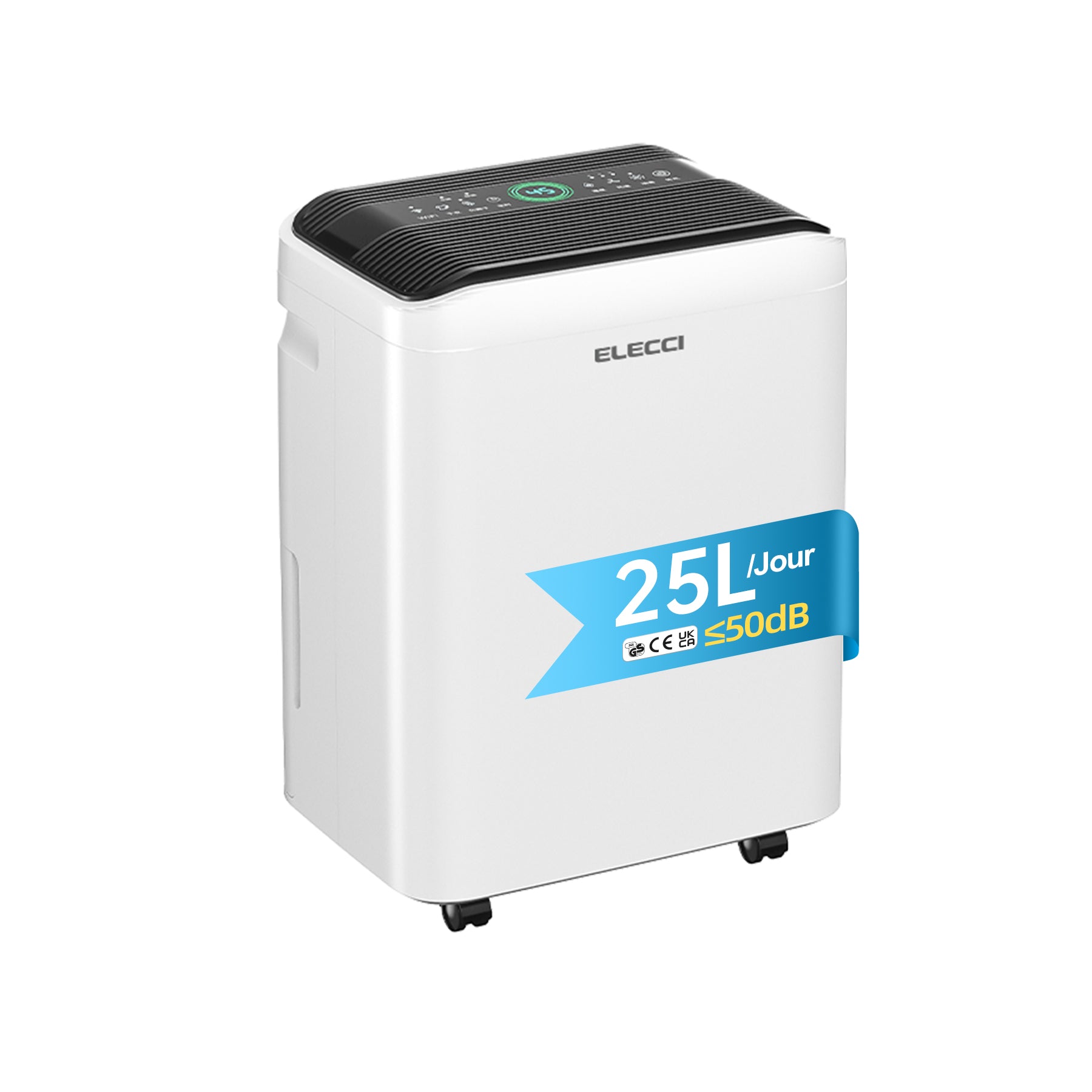 ELECCI Déshumidificateurs 25 L/j, Réservoir d’eau 4,8 L, 3 vitesses, R290, Minuterie 24 h, Évacuation continue avec tuyau d’évacuation, Idéaux pour pièces 50 m².