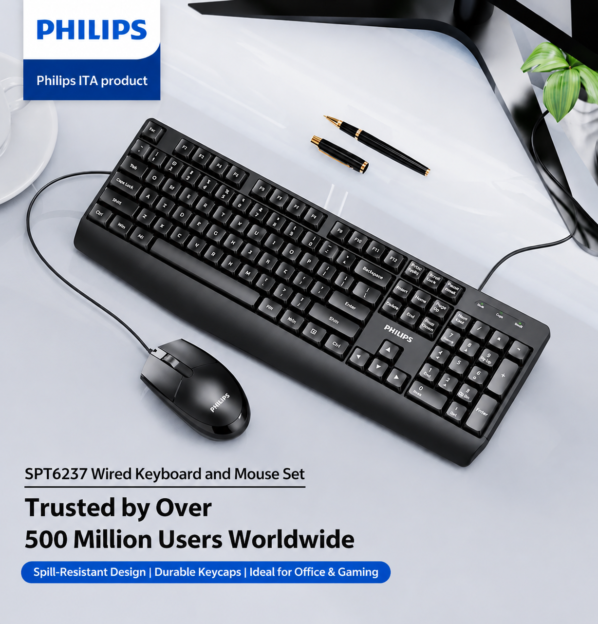 PHILIPS Pack clavier et souris filaire, Série 2000, SPT6237B/19, Version française, Noir