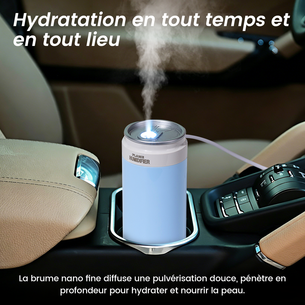 Mini humidificateur portable double usage pour voiture et usage intérieur, Lumière d'ambiance LED intégrée, Deux modes de brumisation silencieux avec arrêt automatique