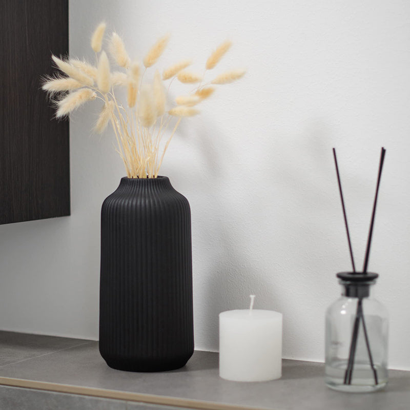 Yuejia 1 pièce Petit vase en céramique noir mat avec rainures 8,26 po/21 cm - Pour herbe de la pampa, décoration bohème, fleurs fraîches, fleurs séchées, table à manger, bureau