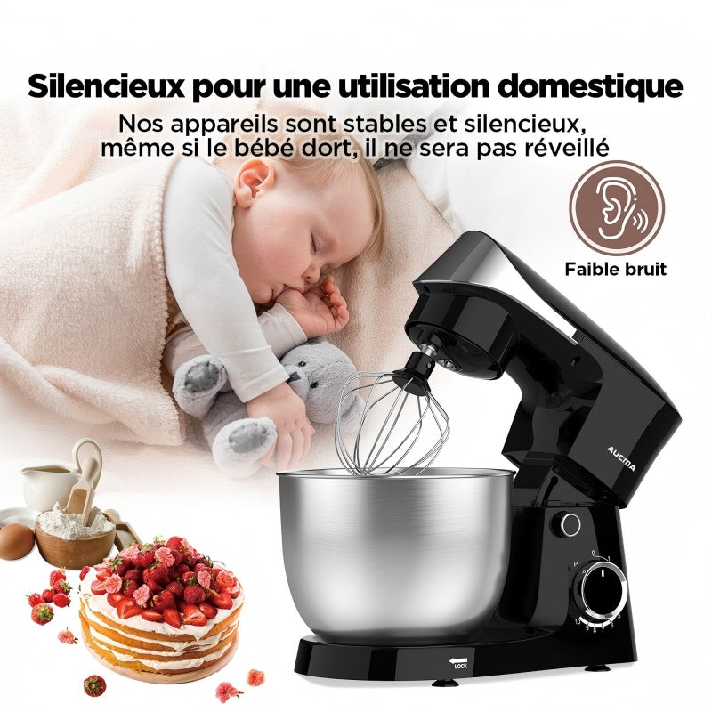 AUCMA Robot pâtissier 5 L 10 vitesses Tête inclinable 3-en-1 avec bol, crochet pétrisseur, fouet et batteur, moteur AC 400 W cuivre pur pour pâtisserie, gâteaux, pain, pizza