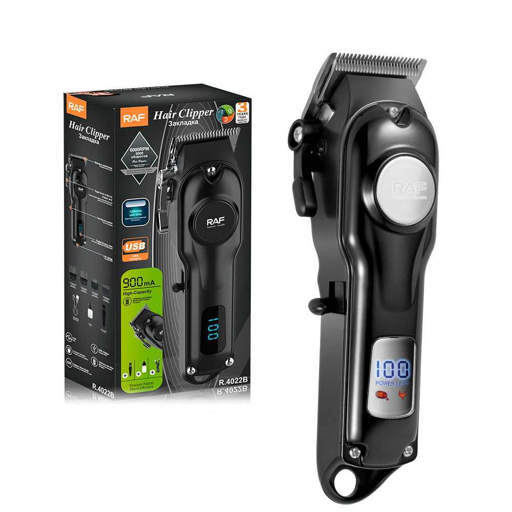 RAF Tondeuse professionnelle sans fil 5W puissante, écran LED, lame en acier au carbone, kit de coiffage pour hommes, coiffeur à domicile