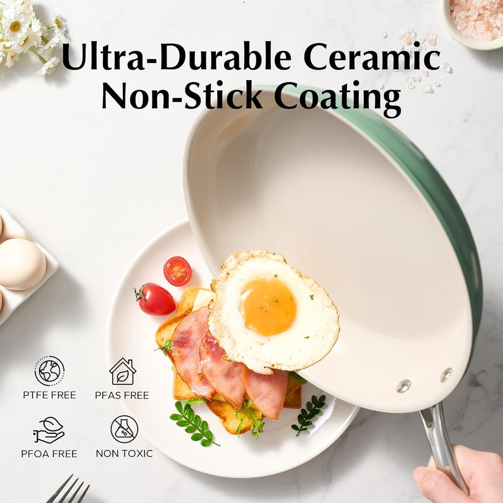 Redchef Gemstone Série Aluminium II Set de Poêles à Frire en Céramique 3 Pièces, Extérieur Vert et Intérieur Beige