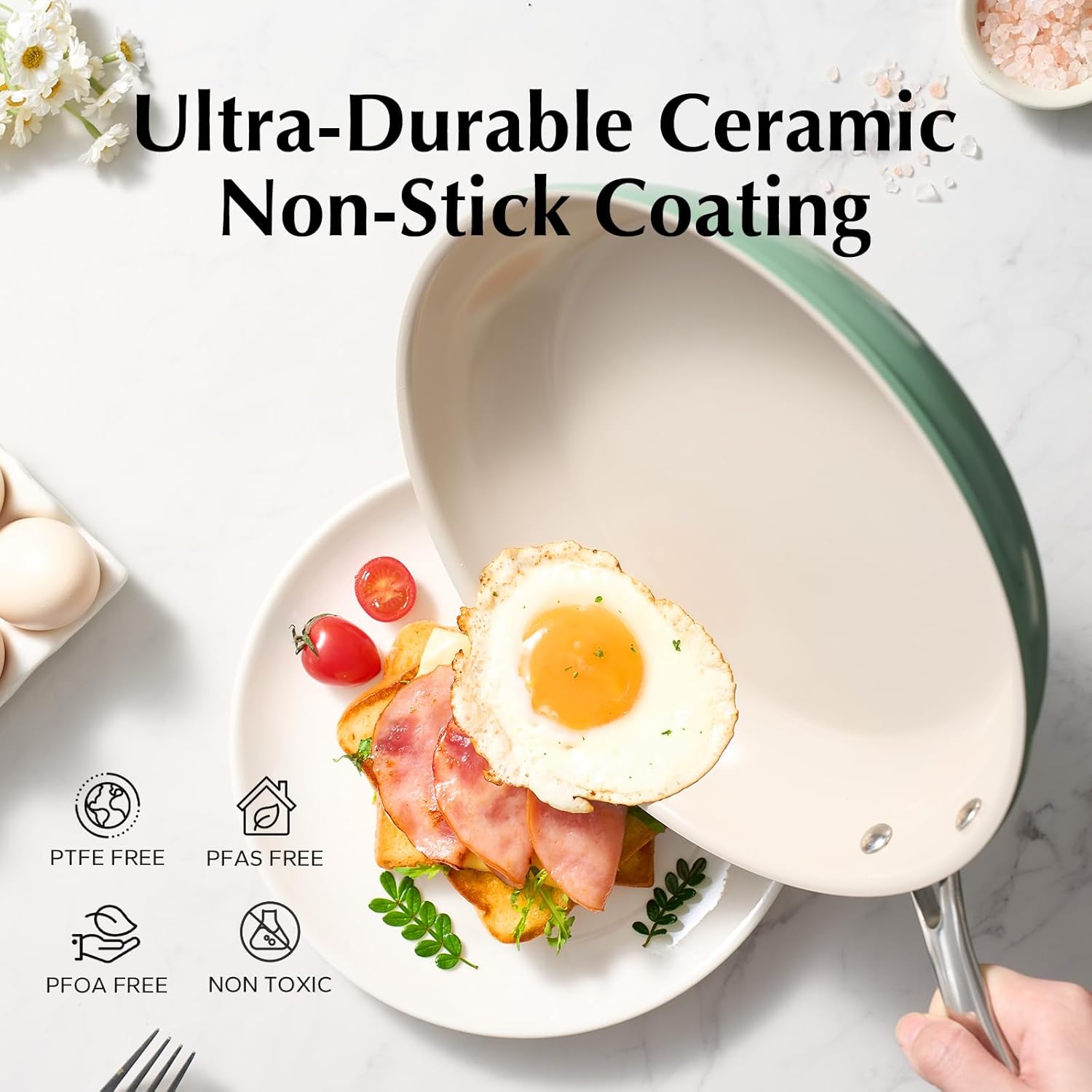 Redchef Gemstone Série Aluminium II Set de Poêles à Frire en Céramique 3 Pièces, Extérieur Vert et Intérieur Beige