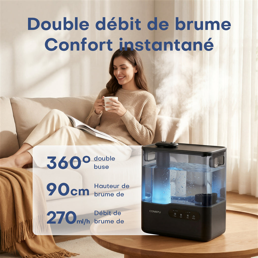 CONOPU Humidificateur ultrasonique 5 L à remplissage par le haut, double buse 360°, plateau d’aromathérapie et veilleuse à 7 couleurs, mode veille ultra silencieux, minuterie et arrêt automatique