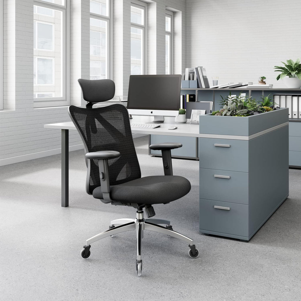SIHOO M18 Chaise de bureau ergonomique à dossier haut en mesh respirant, avec appui-tête et soutien lombaire réglables, roulettes améliorées, noir