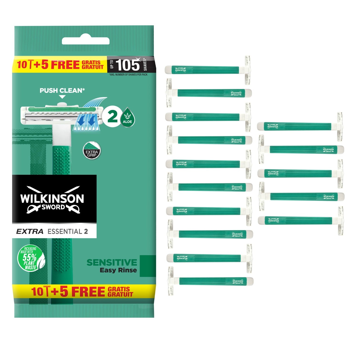 Wilkinson Sword Essential 2 Sensitive - Rasoirs Jetables pour Homme - x 15