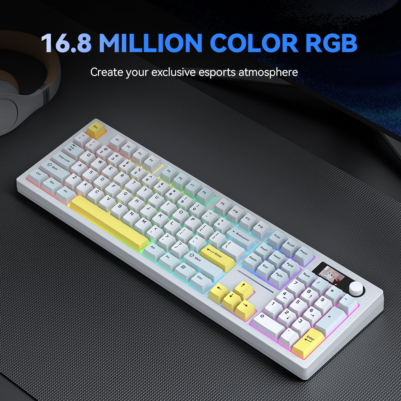 Siukie ACH105 Clavier mécanique 104 touches avec écran couleur, interrupteur détachable, 3 modes RGB, Bleu Alice et Blanc