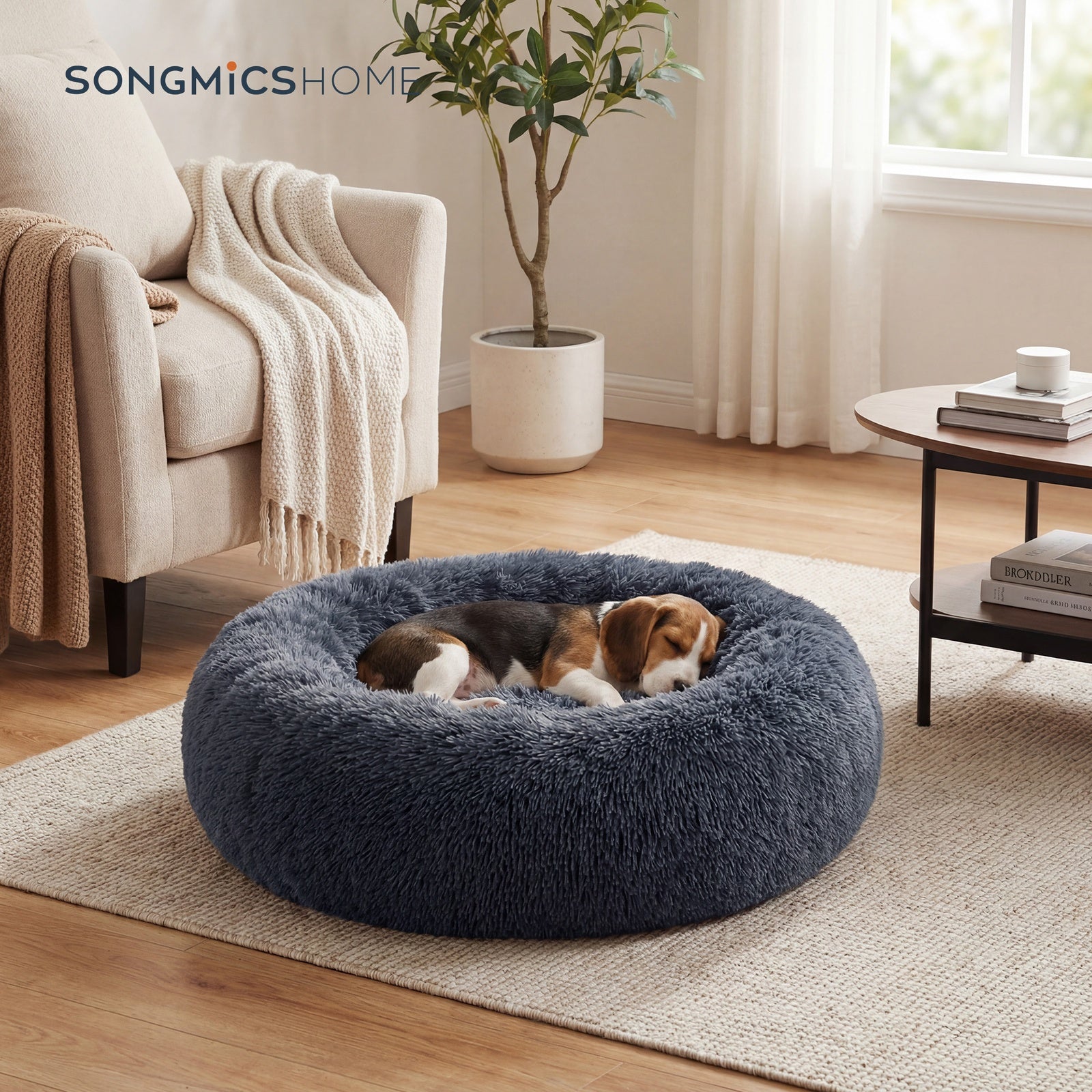 JOYFURNOS Lit pour cage pour chien JOYFURNOS en peluche et apaisant en forme de donut avec housse amovible et lavable, Gris foncé, 70 x 20 cm