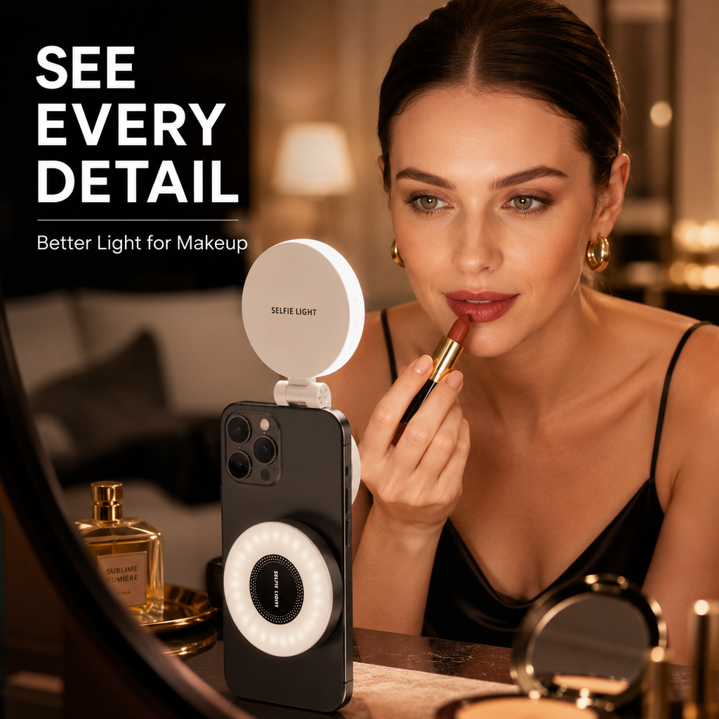 VoxorAI M28 Noir Éclairage d’appoint pour égoportraits, miroir avec fixation magnétique. Qualité IRC 95+, bande lumineuse LED 360° et miroir en un. Compatible avec iPhone/Android