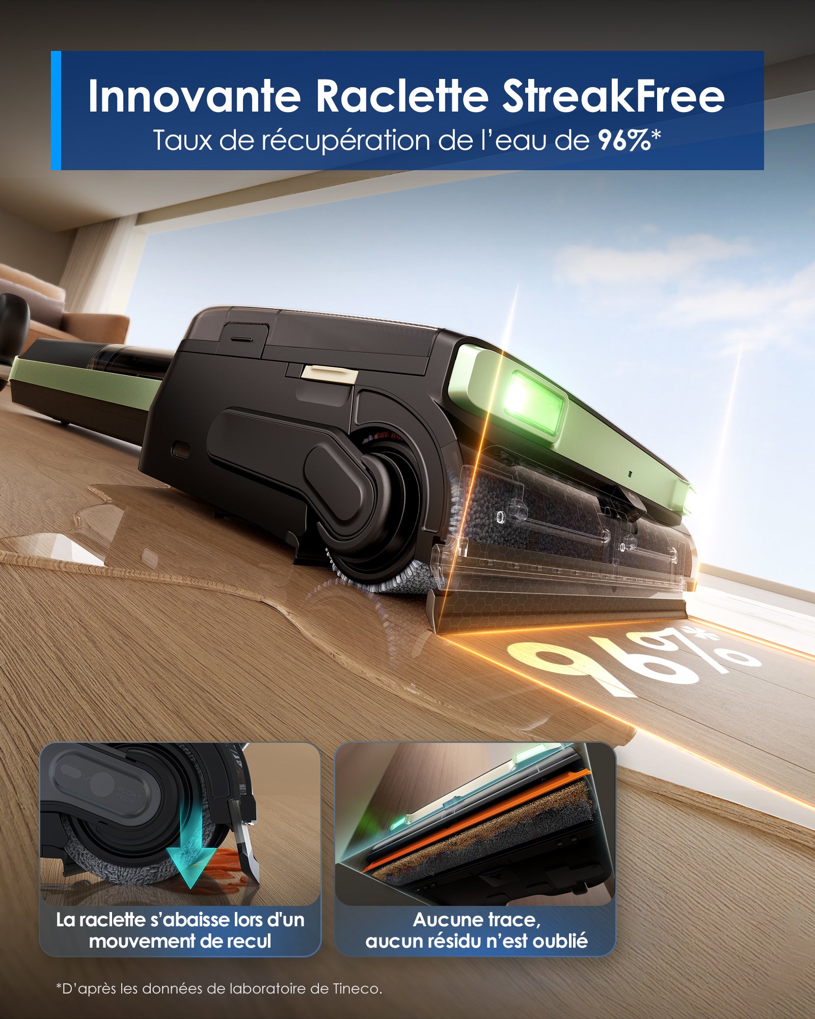 Tineco Floor ONE S7 Master Aspirateur Laveur, Raclette Anti-Traces, Corps Ultra-Plat de 9,9 cm, 23 kPa, FlashDry, Lumière DustReveal Verte à 150°