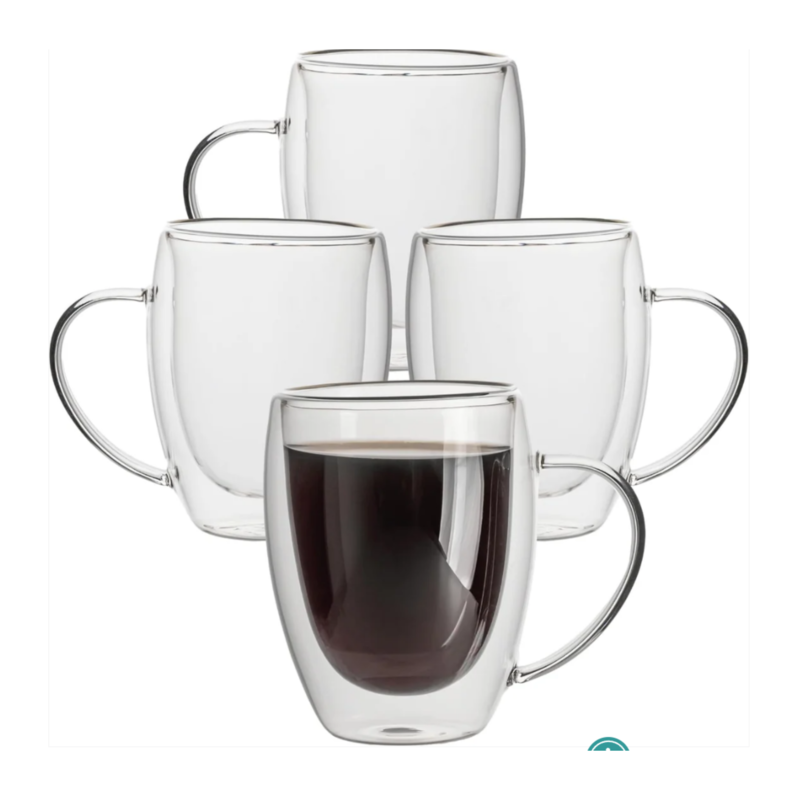 Lot de 2 Mugs à Café en Verre Double Paroi avec Anse, 350ml Verre Isotherme Transparent pour Boissons Chaudes et Froides, Latte, Cappuccino