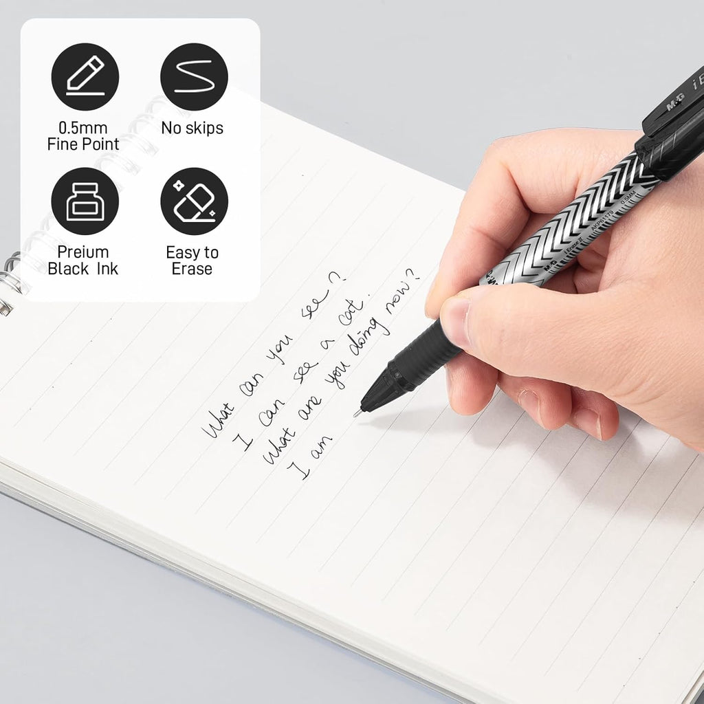 M&G iErase II Lot de 12 stylos gel effaçables, encre noire, pointe fine 0,5 mm, écriture fluide, avec prise en main confortable et capuchon pour école, bureau et agenda