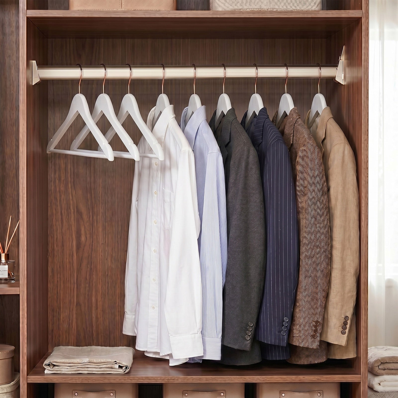 JOYFURNOS Cintres en Bois Massif, Lot de 20, Avec Rainures sur les Épaules, Pour Costumes, Chemises, Manteaux, Blanc et Or Rose