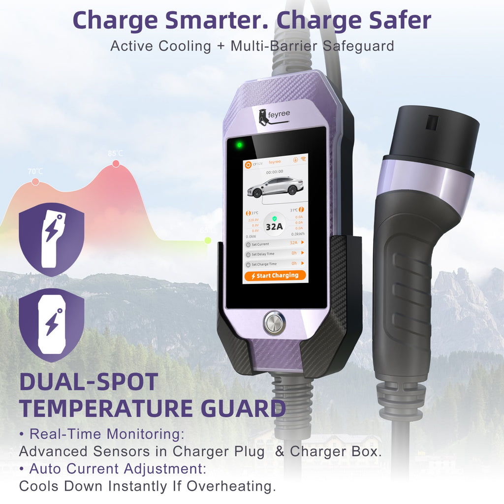 Feyree Chargeur EV portable 7 kW Type 2, chargeur domestique CA avec écran tactile 4,3 pouces et contrôle intelligent via application WiFi pour voiture électrique