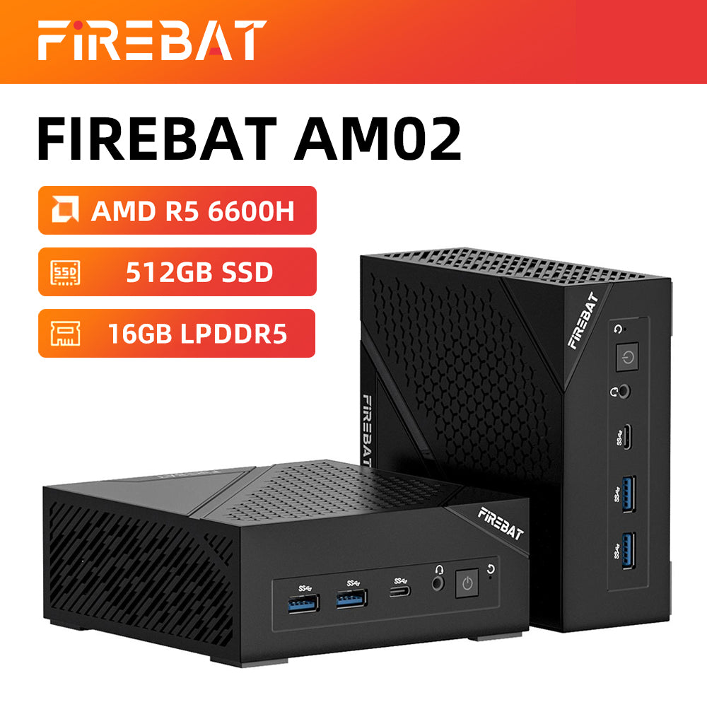 FIREBAT AM02L Mini PC AMD 6600H, 16 Go LPDDR5, 512 Go M.2 NVMe, Windows 11 Home Préactivé, Affichage 4K HDMI 2.1 / DP 1.4, Wi‑Fi 6 + Éthernet 2,5Gbps, Bluetooth 5.2
