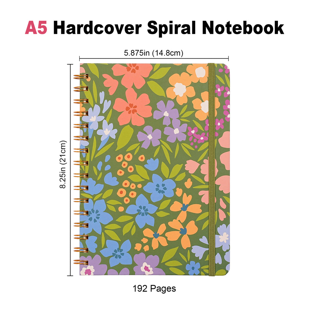 Jubiluu Carnet ligné A5 à spirale avec couverture rigide - 96 feuilles (papier offset 100 g), avec bande élastique - Journal ligné crème classique pour écriture, école