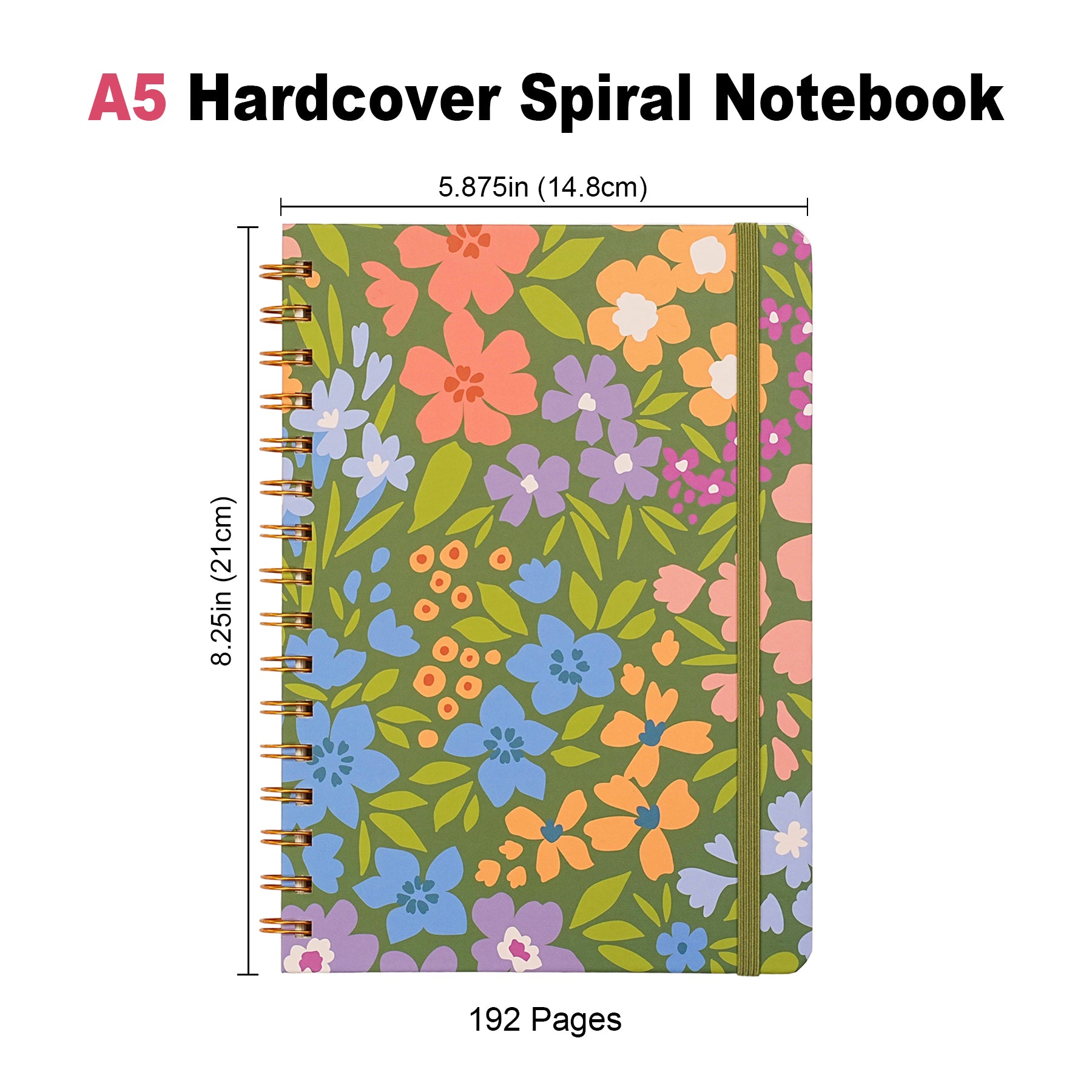 Jubiluu Carnet ligné A5 à spirale avec couverture rigide - 96 feuilles (papier offset 100 g), avec bande élastique - Journal ligné crème classique pour écriture, école