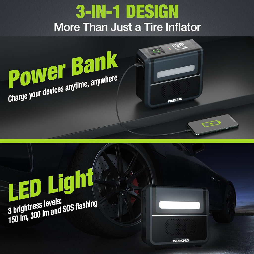 WORKPRO pompe à air électrique sans fil 3-en-1 avec éclairage LED, batterie externe intégrée, compresseur à batterie, écran d'affichage et protection d'arrêt automatique