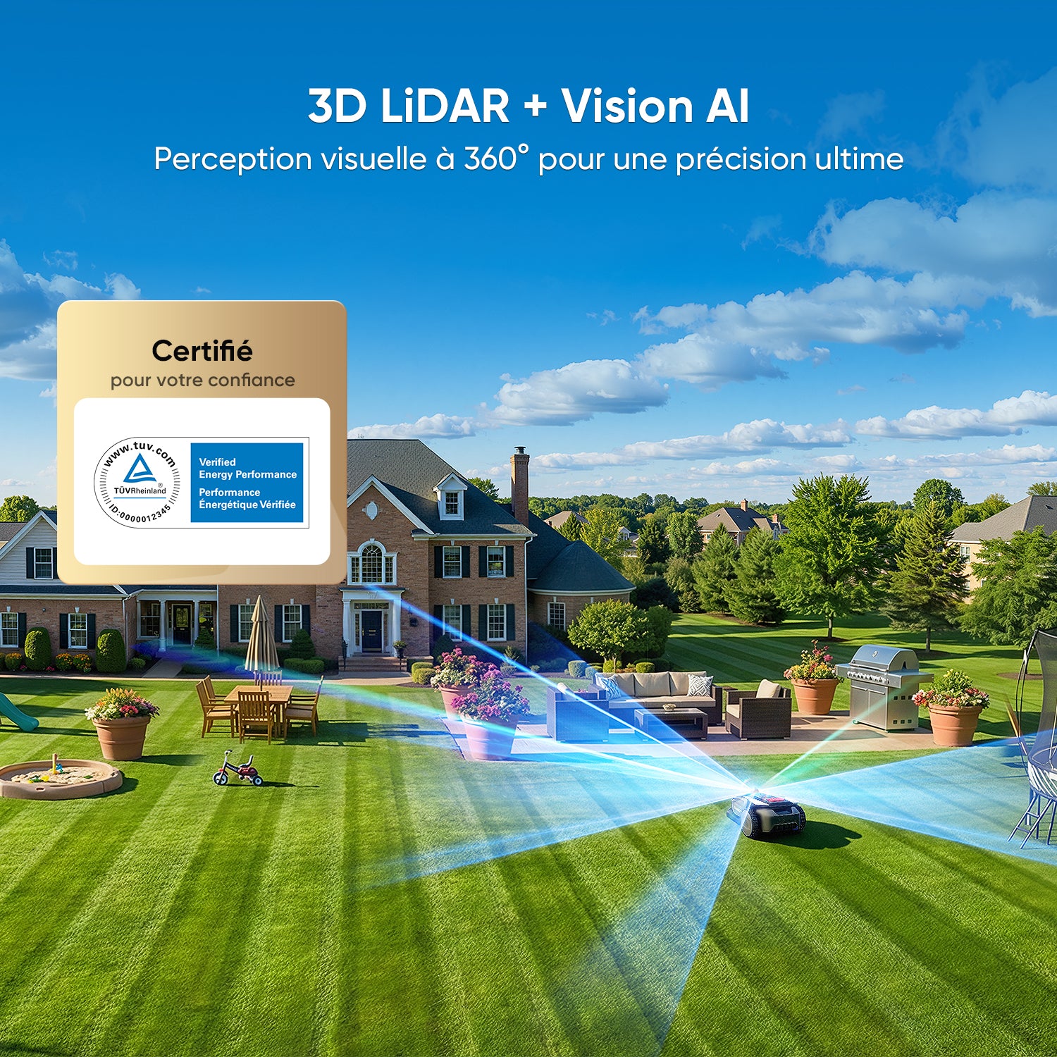 Sunseeker S4 Robot Tondeuse Sans Fil à Périmètre pour 1000 m² – LiDAR 360° et Vision IA, Cartographie Automatique, Évitement Intelligent des Obstacles, Multi-Zones, Contrôle Via Application