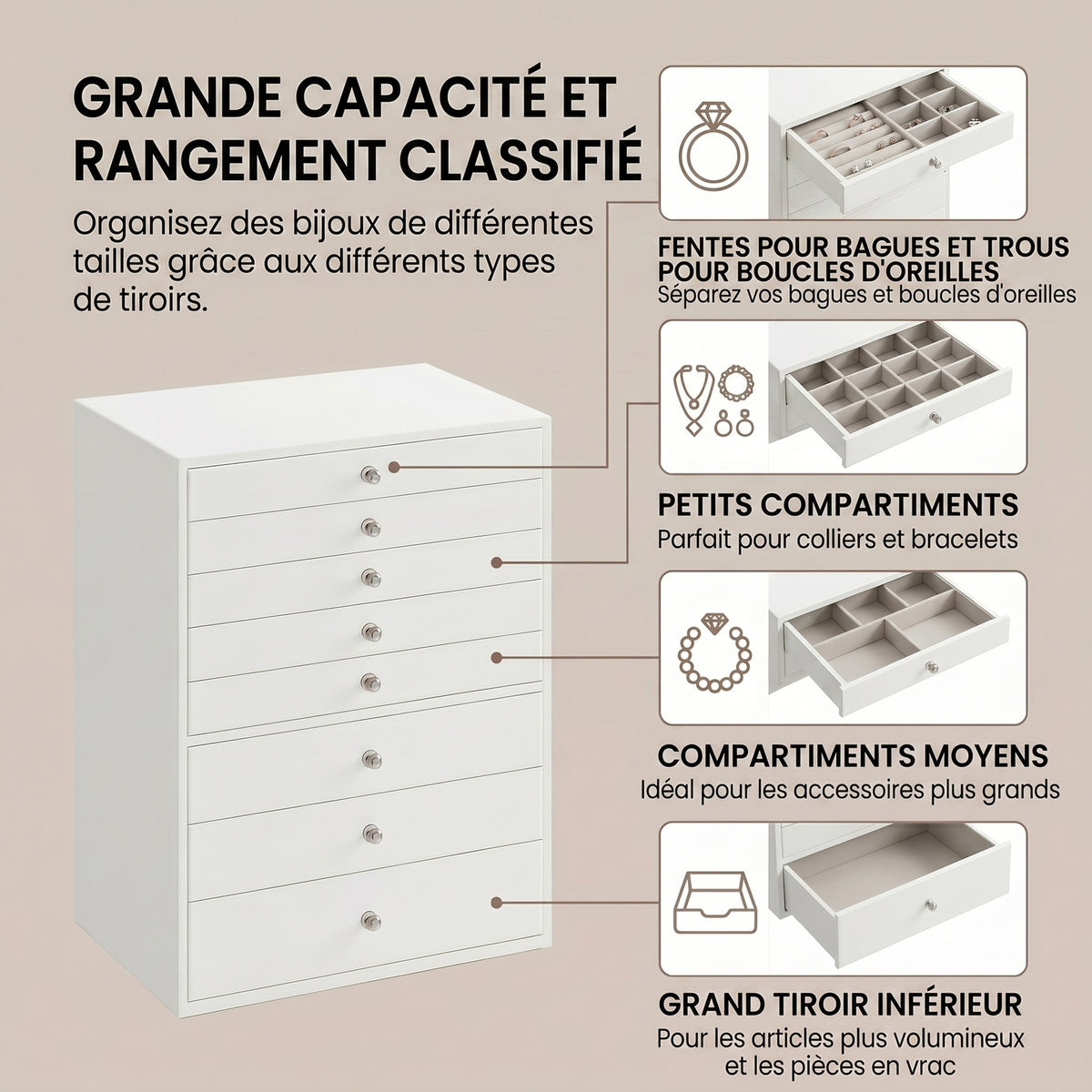 JOYFURNOS Organisateur de bijoux avec tiroirs, Boîte de rangement à 8 niveaux, Grande capacité, Idée cadeau moderne, Pour chambre, Blanc