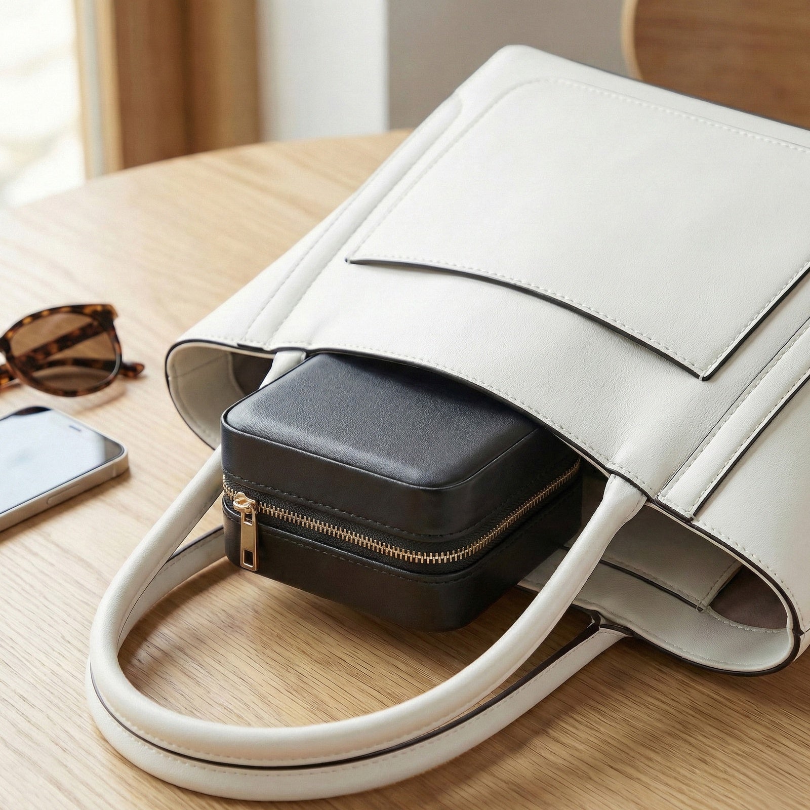 JOYFURNOS Boîte à Bijoux 11,4 x 11,4 x 5,5 cm avec Miroir Intérieur, en Cuir PU, Rangement à Bijoux pour Femme, Organiseur Compact et Portable, Idée Cadeau, Noir Encre