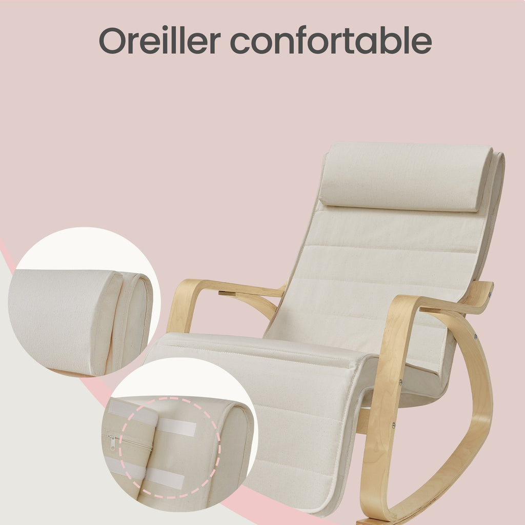 JOYFURNOS Fauteuil à bascule Beige En bois de bouleau Avec repose-pieds réglable Et housse amovible 121,5*65*84 cm Fauteuil de détente Pour salon ou chambre