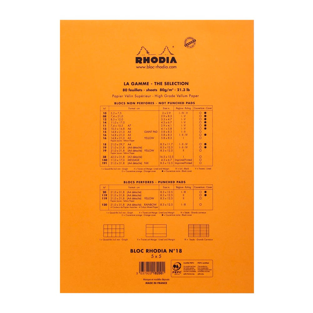 CLAIREFONTAINE Bloc agrafé Rhodia ORANGE N°18 21x29,7 cm 80 feuillets petits carreaux 5x5 80 g