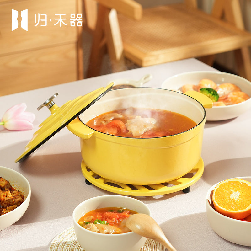 Marmite en fonte émaillée Guihe, marmite de cuisson sous pression multifonctionnelle colorée, compatible avec les plaques à induction, fond plat pour usage domestique, jaune Suli, 22 cm, 3,3 L