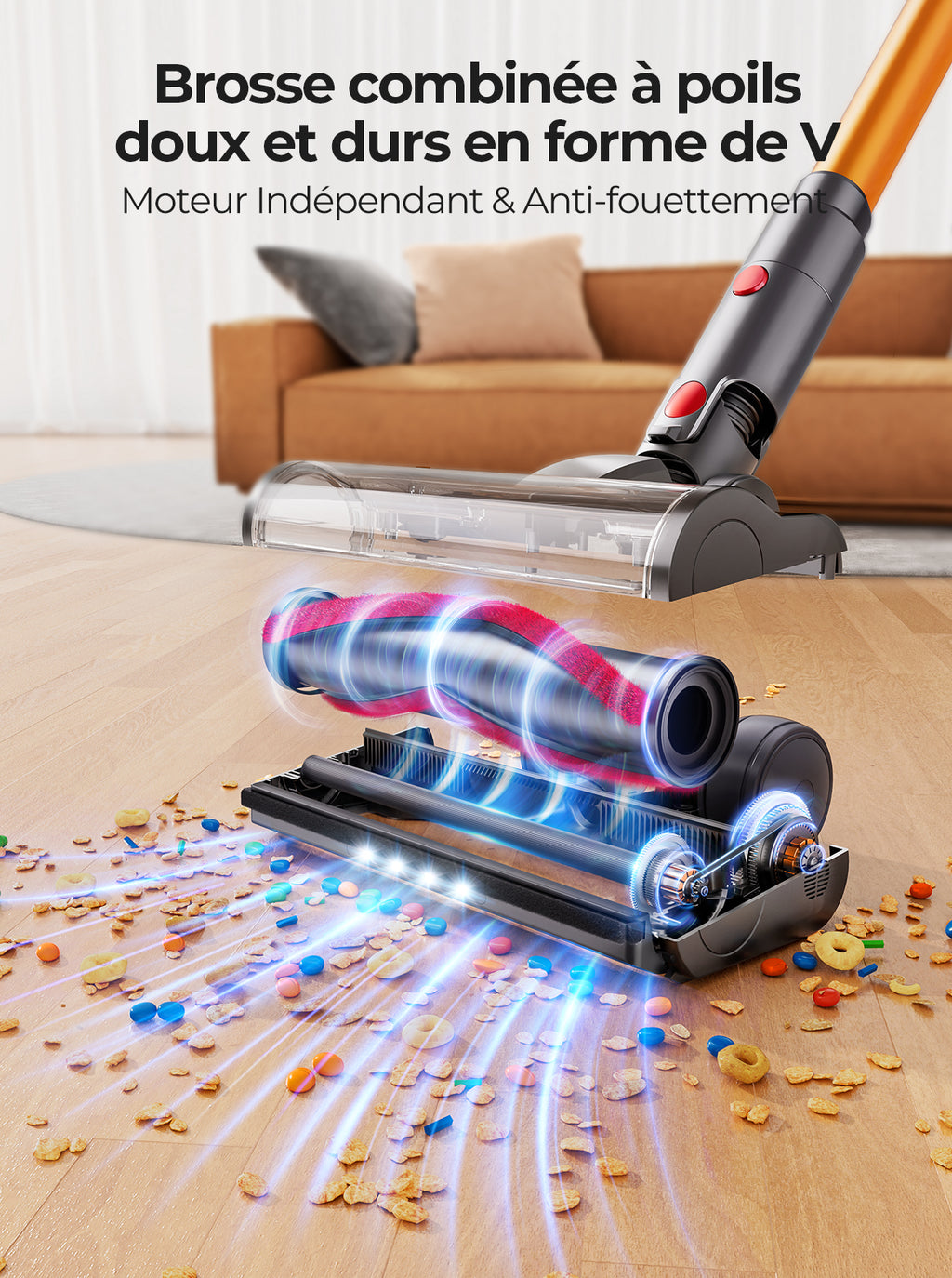 Laresar V7 Aspirateur sans fil, Aspirateur à main léger, Aspirateur balai puissant 50 kPa 500 W, Écran tactile, Autonomie de 60 min, Réglage à 3 vitesses, pour sols durs et tapis