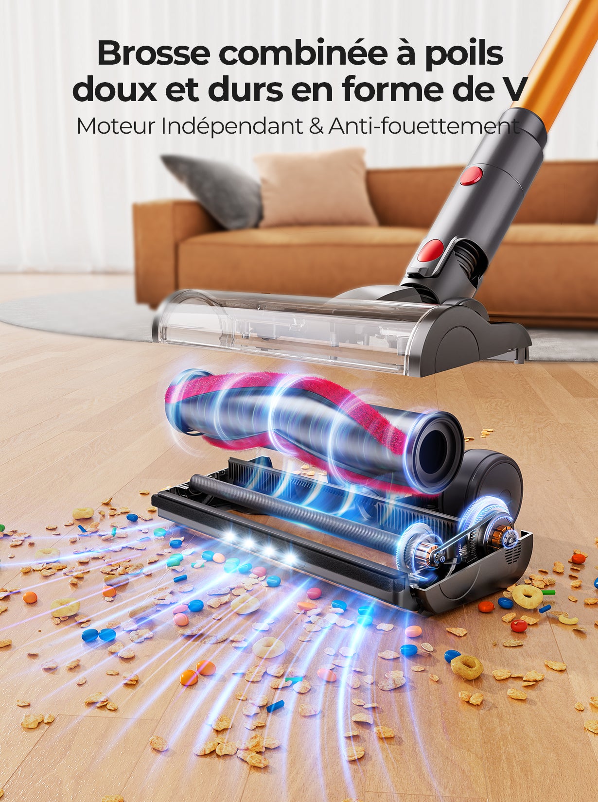 Laresar V7 Aspirateur sans fil, Aspirateur à main léger, Aspirateur balai puissant 50 kPa 500 W, Écran tactile, Autonomie de 60 min, Réglage à 3 vitesses, pour sols durs et tapis