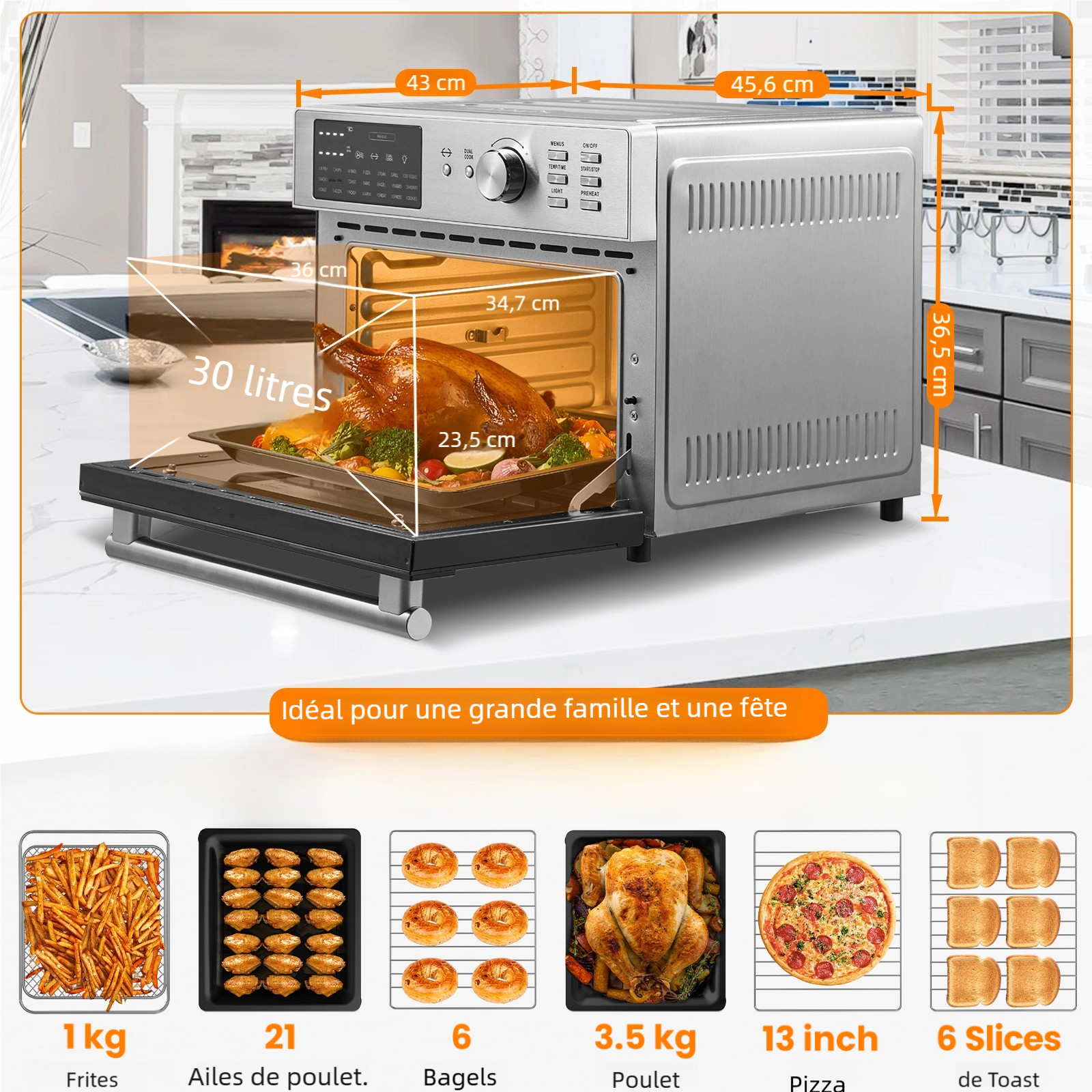 OIMIS Four friteuse à air intelligent en acier inoxydable, 30 L extra-large, 1800 W, 21 programmes, combiné four grille-pain avec rôtissoire et déshydrateur, pour pizza de 33 cm, argenté