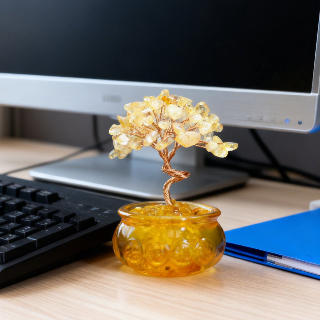 Ju7cer 1 pc arbre en citrine avec bol à trésor et tasse - Décoration d'arbre à argent en éclats de cristal naturel, convient pour bureau, maison et décoration de mariage, incontournable de Noël