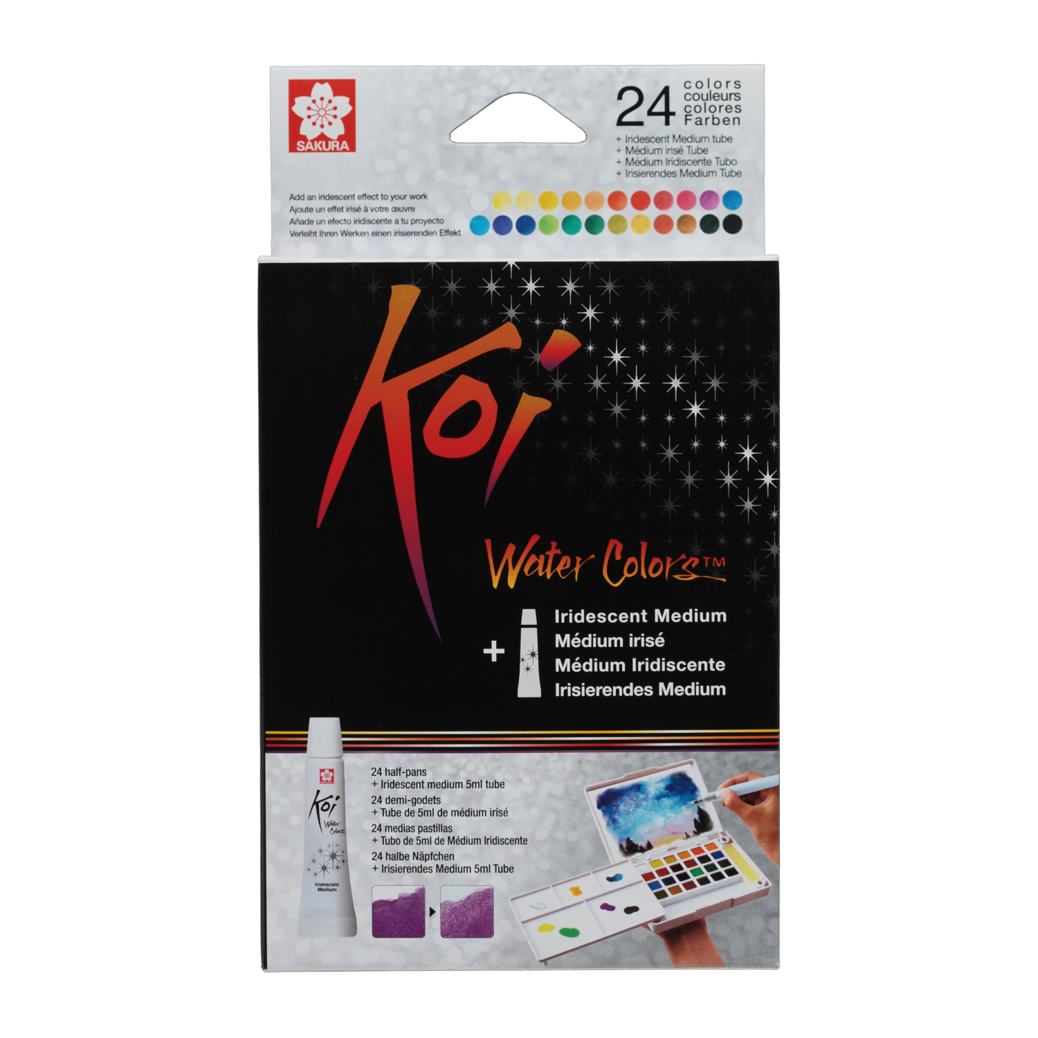 Set d'aquarelles SAKURA Koi, boîte de croquis de poche | 24 demi-godets + médium irisé
