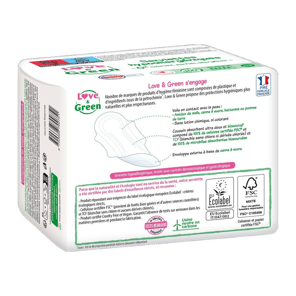 LOVE & GREEN Serviettes Hygiéniques Écologiques Hypoallergéniques Avec Ailettes Super - 24 Serviettes (2 Paquets de 12)